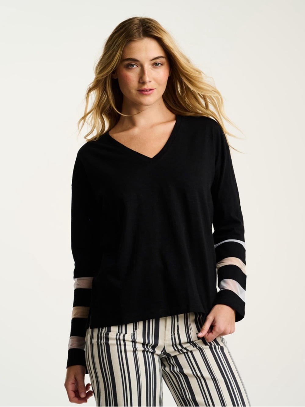Lisa Todd Women’s Black V-Neck Long Sleeve Top with Contrast Mesh Stripe Sleeves